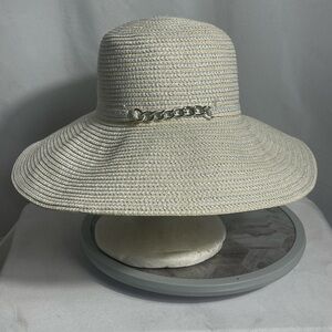 August Hat Company Wide Brim Floppy Sun Hat Metallic Chain Accent Ivory